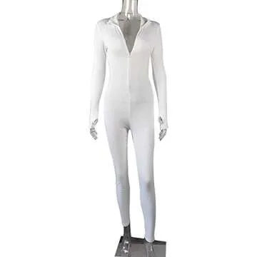 LuFeng Women's Long Sleeve High Neck Zipper Bodycon Tight Full Length Jumpsuits Rompers One Piece Outfits White
