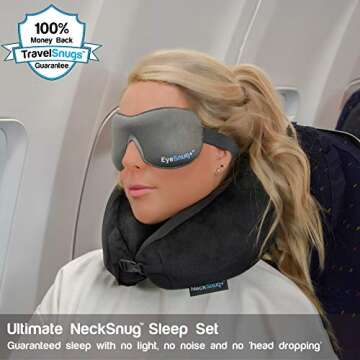 NeckSnug 4-in-1 Sleep Set - 100% Memory Foam Neck Travel Pillow with 3D Contoured Sleep Mask. Airplane Neck Pillow Travel for Adults. Perfect Travel Neck Pillow, Airplane Pillow for Flight