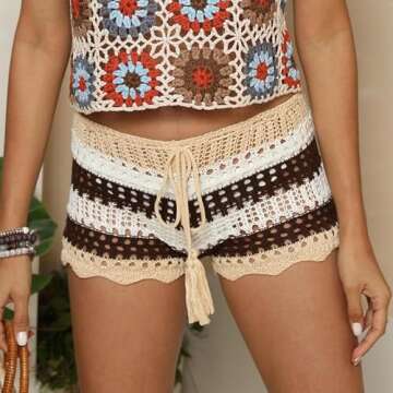 Yiulangde Womens Y2k Hollow Out Knit Shorts Crochet Bikini Swimsuit Cover Up Sexy Sheer Beach Shorts Floral Print Boho Bottom