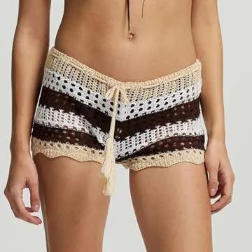 Yiulangde Womens Y2k Hollow Out Knit Shorts Crochet Bikini Swimsuit Cover Up Sexy Sheer Beach Shorts Floral Print Boho Bottom