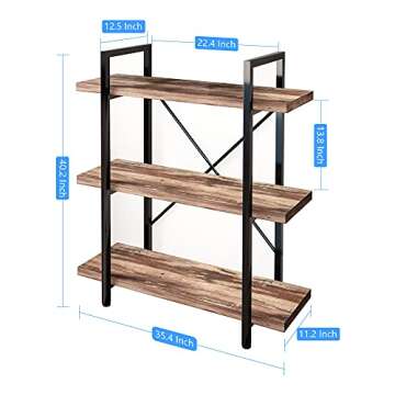 45MinST 3-Tier Vintage Industrial Style Bookcase - Stylish Metal and Wood Bookshelf