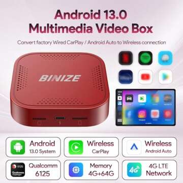 Binize Wireless CarPlay Android Auto Multimedia Video Box,4G Cellular,4G+64GB,8Core, Android 13,Support SIM&TF Card Bluetooth,Only Support Car with OEM Wired CarPlay/Android Auto