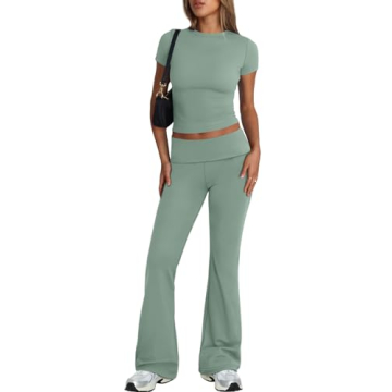 Trendy Queen Lounge Sets for Women 2 Piece Casual Y2K Outfits with Cropped Tops and Fold Over Flare ...