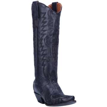 Dan Post Womens Hallie Tooled-Inlay Embroidery Snip Toe Casual Boots Knee High Low Heel 1-2" - Black - Size 7.5 M