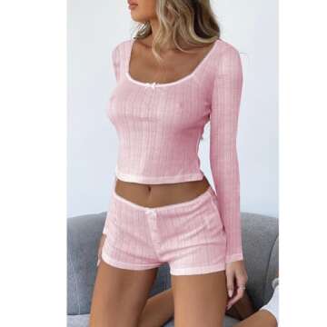 RUEWEY Womens Lace Trim Ribbed Knit Pajama Sets Long Sleeve Top and Shorts Matching 2 Piece Lounge Set PJ Set Outfits (Y-Pink, S)