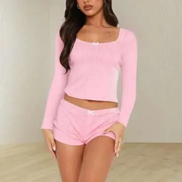 RUEWEY Womens Lace Trim Ribbed Knit Pajama Sets Long Sleeve Top and Shorts Matching 2 Piece Lounge Set PJ Set Outfits (Y-Pink, S)