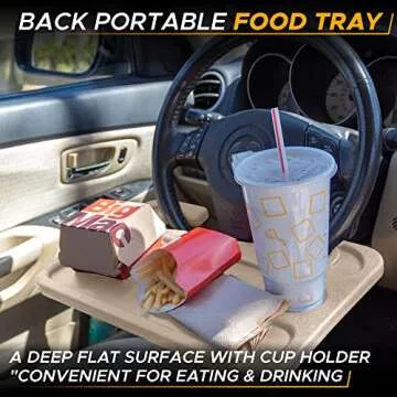 EcoNour 2 in 1 Car Steering Wheel Desk (Beige) | Steering Wheel Tray for Laptop, Eating, Drinks | Rectangular ABS Car Tray with Pen Holder & Cup Holder