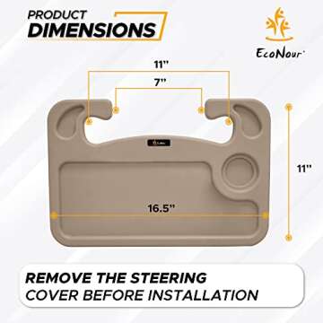 EcoNour 2 in 1 Car Steering Wheel Desk (Beige) | Steering Wheel Tray for Laptop, Eating, Drinks | Rectangular ABS Car Tray with Pen Holder & Cup Holder