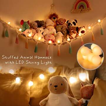 Stuffed Animal Net or Hammock with Light,Yewiwin Macrame Hanging Net Hammock for Stuffed Animal Toy ...