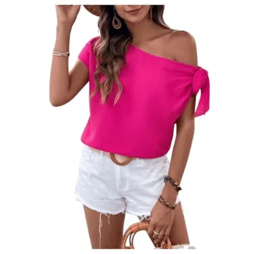 Stylish MakeMeChic One Shoulder Summer Blouse in Hot Pink