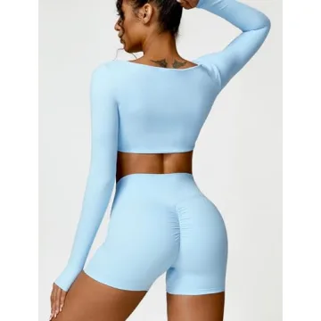 ABOCIW Long Sleeve Crop Workout Set for Women Blue