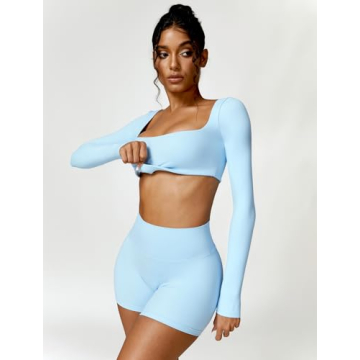 ABOCIW Long Sleeve Crop Workout Set for Women Blue