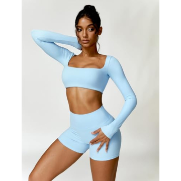 ABOCIW Long Sleeve Crop Workout Set for Women Blue
