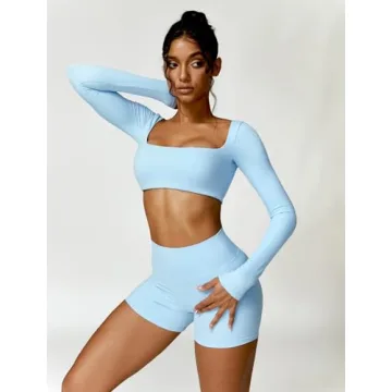ABOCIW Long Sleeve Crop Workout Set for Women Blue