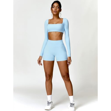 ABOCIW Long Sleeve Crop Workout Set for Women Blue