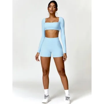 ABOCIW Long Sleeve Crop Workout Set for Women Blue