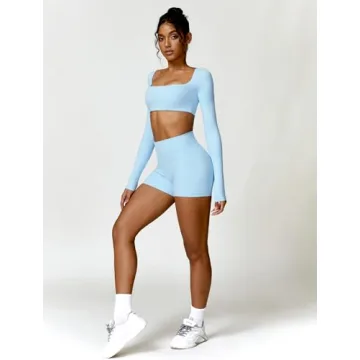 ABOCIW Long Sleeve Crop Workout Set for Women Blue