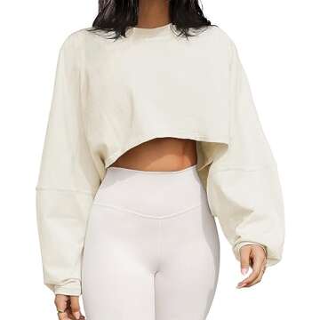 Meladyan Women's Long Sleeve Crewneck Crop Shirt Sweatshirt Casual Solid Loose Fit Workout Cropped P...