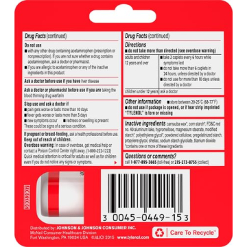 Tylenol Extra Strength Caplets 500mg Pain Fever Relief