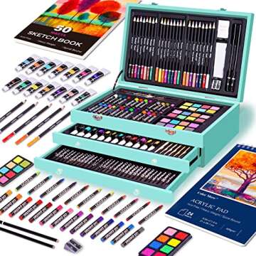 175 Piece Deluxe Art Set with 2 Drawing Pads, Acrylic Paints, Crayons, Colored Pencils, Paint Set in Wooden Case, Professional Art Kit, Art Supplies for Adults, Teens and Artist, Paint Supplies