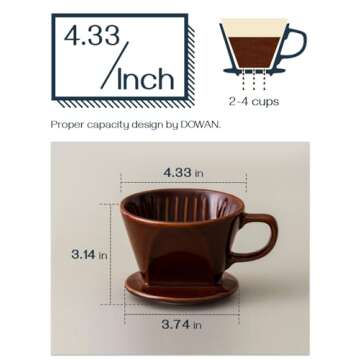 DOWAN Pour Over Coffee Dripper, Non Electric Pour Over Coffee Maker, Porcelain Slow Brewing Accessories for Home, Cafe, Restaurants, Easy Manual Brew Maker, Brown