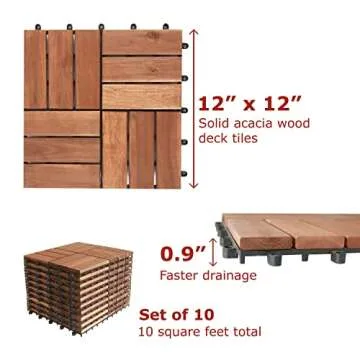 Interlocking Acacia Wood Deck Tiles,Box of 10 12 in x 12 in each,waterproof all weather,patio tiles,...