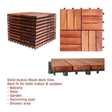 Interlocking Acacia Wood Deck Tiles,Box of 10 12 in x 12 in each,waterproof all weather,patio tiles,balcony flooring,backyard flooring,outdoor shower mat,portable dance floor,12 slats,10 Sq ft,NATURAL
