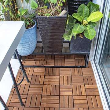 Interlocking Acacia Wood Deck Tiles,Box of 10 12 in x 12 in each,waterproof all weather,patio tiles,balcony flooring,backyard flooring,outdoor shower mat,portable dance floor,12 slats,10 Sq ft,NATURAL