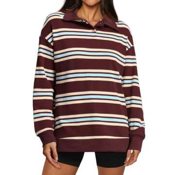 WIHOLL Women's Stylish Striped Button Sweatshirt Pullover