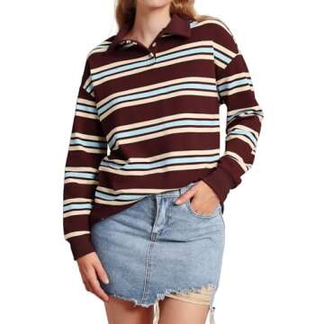 WIHOLL Women's Stylish Striped Button Sweatshirt Pullover