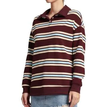 WIHOLL Women's Stylish Striped Button Sweatshirt Pullover