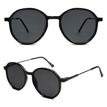 SOJOS Trendy Designer Hexagon Round Sunglasses for Women Fashion Big Shades Geometric Women Sunglasses SJ2181, Black Frame/Grey Lens