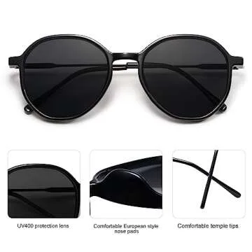 SOJOS Trendy Designer Hexagon Round Sunglasses for Women Fashion Big Shades Geometric Women Sunglasses SJ2181, Black Frame/Grey Lens