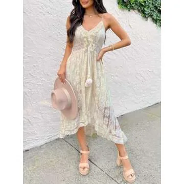 CUPSHE Women's Summer Dresses Sleeveless Lace Casual Tassel Beach Spaghetti Straps Flowy Maxi Sun Dress Beige, XS