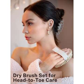 Vegan Dry Brush for Cellulite and Lymphatic Drainage Massage, Natural Firm and Soft Brushes, Cactus Bristles, Dry Skin for Face and Body Set for Brushing, Scrub with Handle