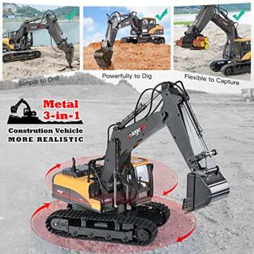 kolegend 3 in 1 RC Excavator 15 Channel with Grab Drill Metal Shovel, 1/14 Remote Control Construction Vehicles Tractor, 2.4Ghz Boy Toy Gift for Kids and Adults
