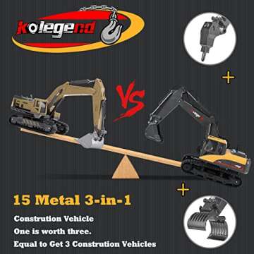 kolegend 3 in 1 RC Excavator 15 Channel with Grab Drill Metal Shovel, 1/14 Remote Control Construction Vehicles Tractor, 2.4Ghz Boy Toy Gift for Kids and Adults