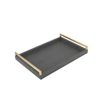 Elegant Grey Shagreen Large Serving Tray with Gold Handles