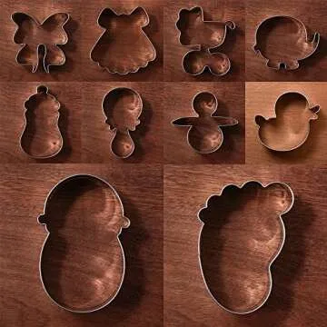 LILIAO Baby Shower Cookie Cutter Set - 10 Pcs - Footprint Dress Carriage Pacifier Ribbon Duck Rattle Elephant Bottle Baby Biscuit Cutters - Stainless Steel
