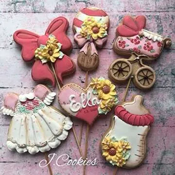 LILIAO Baby Shower Cookie Cutter Set - 10 Pcs - Footprint Dress Carriage Pacifier Ribbon Duck Rattle Elephant Bottle Baby Biscuit Cutters - Stainless Steel