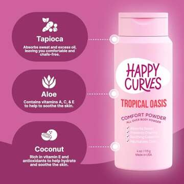 HAPPY CURVES Comfort Powder: Talc Free Anti Chafe Body & Foot Powder Deodorant to Control Inner Thigh Chafing, Private Areas, and All Over Body for Women (4 Ounce (Pack of 2), Tropical Oasis)