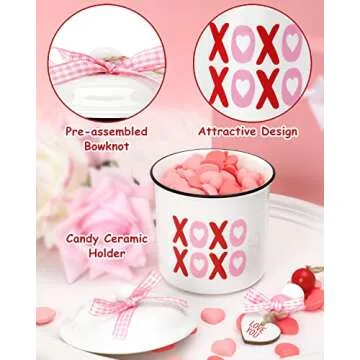 Nefelibata Valentine's Day Tiered Tray Decor Xoxo Ceramic Canister Bowl February 14th Candy Holder with Buffalo Plaid Bowknot Table Centerpiece Mother's Day Decoration Supplies Set of 1