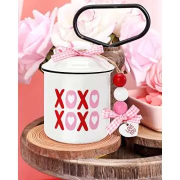 Nefelibata Valentine's Day Tiered Tray Decor Xoxo Ceramic Canister Bowl February 14th Candy Holder with Buffalo Plaid Bowknot Table Centerpiece Mother's Day Decoration Supplies Set of 1