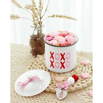 Nefelibata Valentine's Day Tiered Tray Decor Xoxo Ceramic Canister Bowl February 14th Candy Holder with Buffalo Plaid Bowknot Table Centerpiece Mother's Day Decoration Supplies Set of 1
