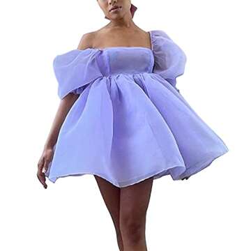 Pejihota Womens Off-Shoulder Ruffled Fluffy Short-Sleeved Mesh Party Mini Princess Dress (S, Purple)