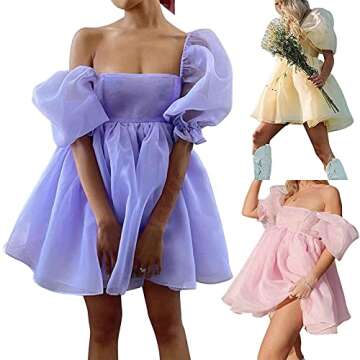 Pejihota Womens Off-Shoulder Ruffled Fluffy Short-Sleeved Mesh Party Mini Princess Dress (S, Purple)