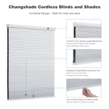 Changshade Cordless Blackout Cellular Shade, Honeycomb Shade with The Diameter of 1.5 inch Honeycombs, Room Darkening Pleated Window Shade for Bedroom, Children Room, 30 inches Wide, White CEL30WT72C