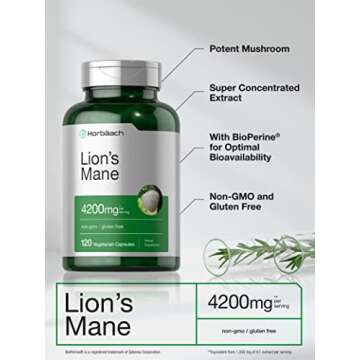 Horbäach Lions Mane Mushroom Extract | 4200mg | 120 Capsules | Vegetarian, Non-GMO, Gluten Free Supplement