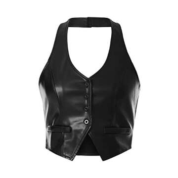 Womens Sexy Halter Neck PU Leather Vest Button Down Camisole Short Crop Tops PU Leather Clubwear (Black, Small)
