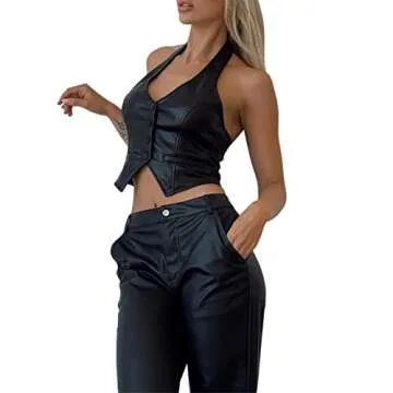Womens Sexy Halter Neck PU Leather Vest Button Down Camisole Short Crop Tops PU Leather Clubwear (Black, Small)